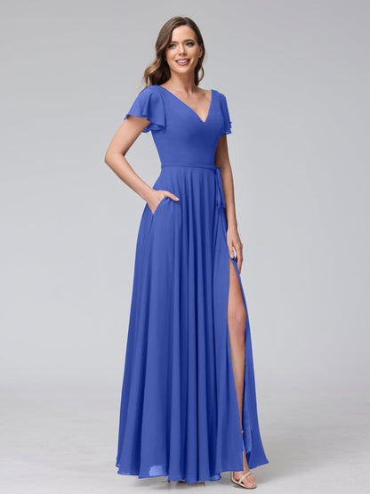 Vestidos Longos de Chiffon com Decote Em V e Mangas Curtas com Babados e Laterais Divididas e Bolsos