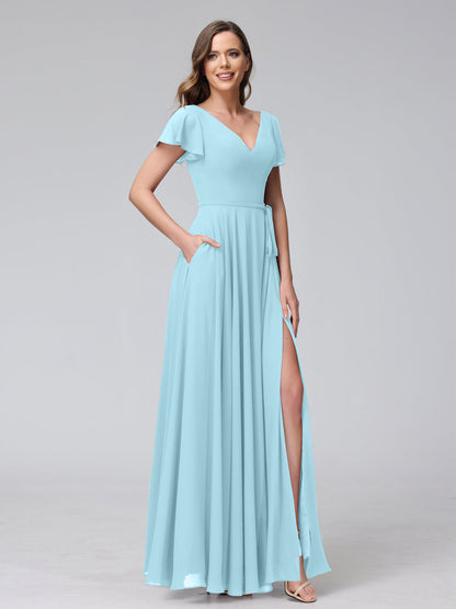 Vestidos Longos de Chiffon com Decote Em V e Mangas Curtas com Babados e Laterais Divididas e Bolsos