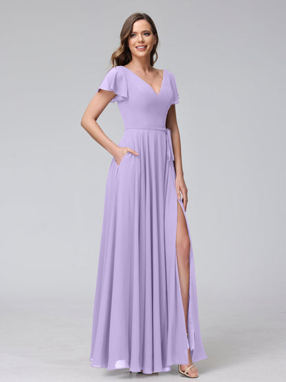 Vestidos Longos de Chiffon com Decote Em V e Mangas Curtas com Babados e Laterais Divididas e Bolsos