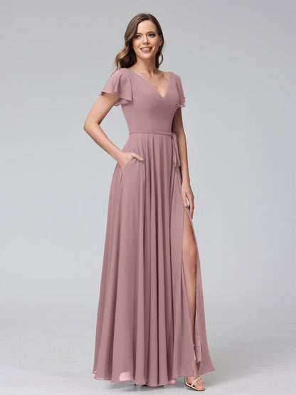 Vestidos Longos de Chiffon com Decote Em V e Mangas Curtas com Babados e Laterais Divididas e Bolsos