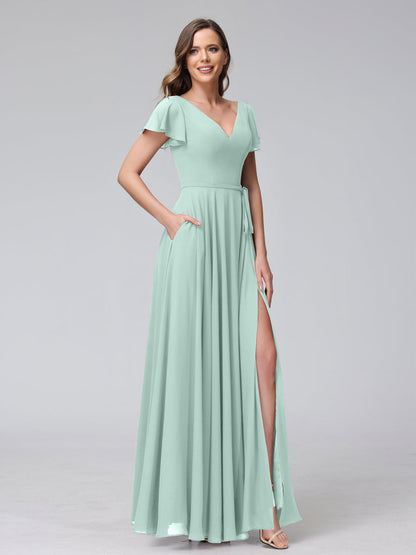 Vestidos Longos de Chiffon com Decote Em V e Mangas Curtas com Babados e Laterais Divididas e Bolsos
