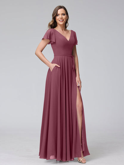 Vestidos Longos de Chiffon com Decote Em V e Mangas Curtas com Babados e Laterais Divididas e Bolsos