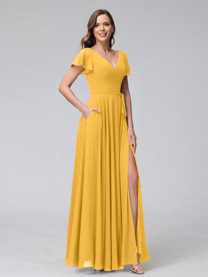 Vestidos Longos de Chiffon com Decote Em V e Mangas Curtas com Babados e Laterais Divididas e Bolsos