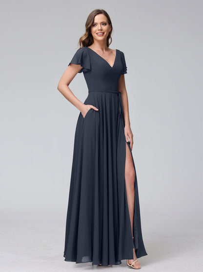Vestidos Longos de Chiffon com Decote Em V e Mangas Curtas com Babados e Laterais Divididas e Bolsos