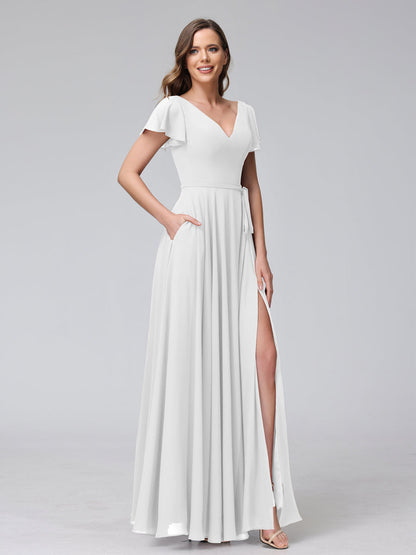 Vestidos Longos de Chiffon com Decote Em V e Mangas Curtas com Babados e Laterais Divididas e Bolsos