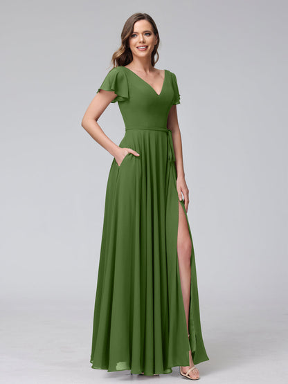 Vestidos Longos de Chiffon com Decote Em V e Mangas Curtas com Babados e Laterais Divididas e Bolsos