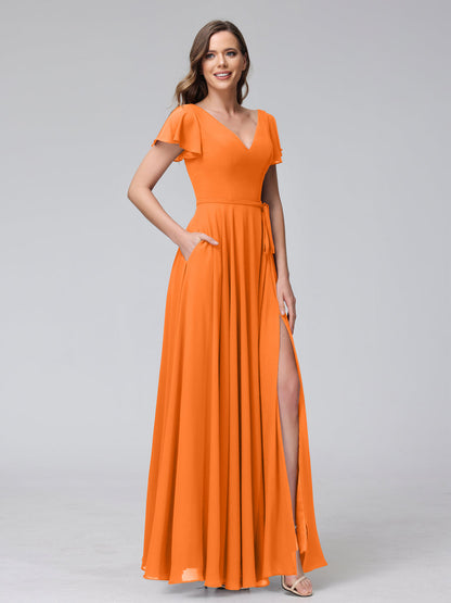 Vestidos Longos de Chiffon com Decote Em V e Mangas Curtas com Babados e Laterais Divididas e Bolsos