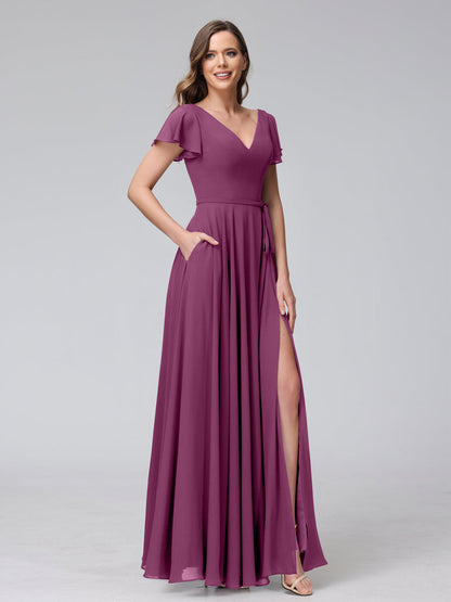 Vestidos Longos de Chiffon com Decote Em V e Mangas Curtas com Babados e Laterais Divididas e Bolsos