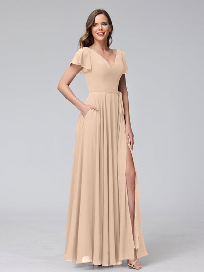 Vestidos Longos de Chiffon com Decote Em V e Mangas Curtas com Babados e Laterais Divididas e Bolsos