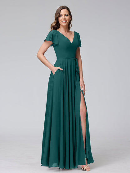 Vestidos Longos de Chiffon com Decote Em V e Mangas Curtas com Babados e Laterais Divididas e Bolsos