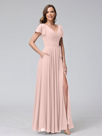 Vestidos Longos de Chiffon com Decote Em V e Mangas Curtas com Babados e Laterais Divididas e Bolsos