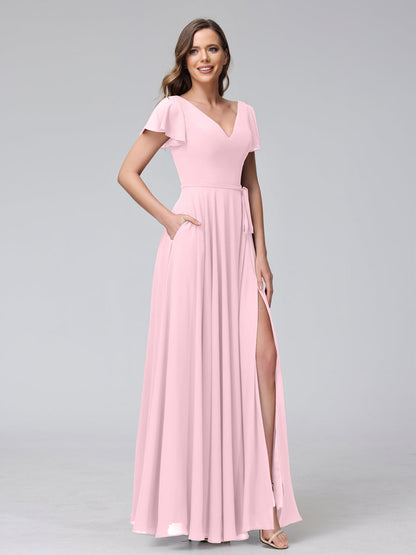 Vestidos Longos de Chiffon com Decote Em V e Mangas Curtas com Babados e Laterais Divididas e Bolsos