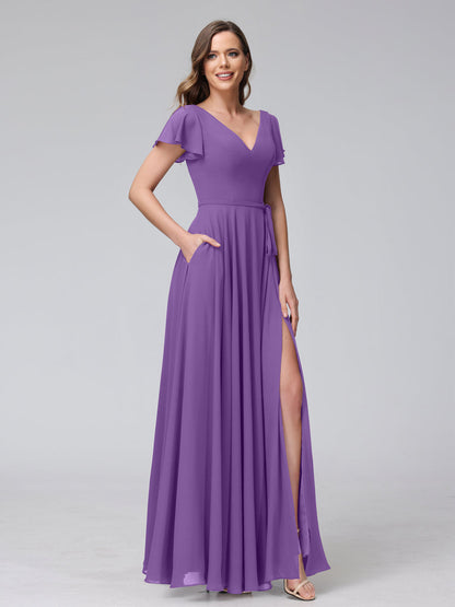Vestidos Longos de Chiffon com Decote Em V e Mangas Curtas com Babados e Laterais Divididas e Bolsos