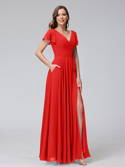 Vestidos Longos de Chiffon com Decote Em V e Mangas Curtas com Babados e Laterais Divididas e Bolsos