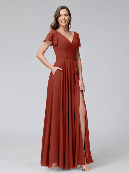 Vestidos Longos de Chiffon com Decote Em V e Mangas Curtas com Babados e Laterais Divididas e Bolsos