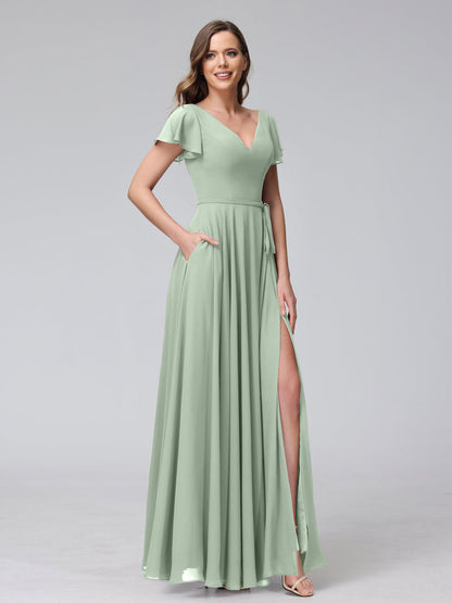 Vestidos Longos de Chiffon com Decote Em V e Mangas Curtas com Babados e Laterais Divididas e Bolsos