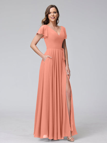 Vestidos Longos de Chiffon com Decote Em V e Mangas Curtas com Babados e Laterais Divididas e Bolsos