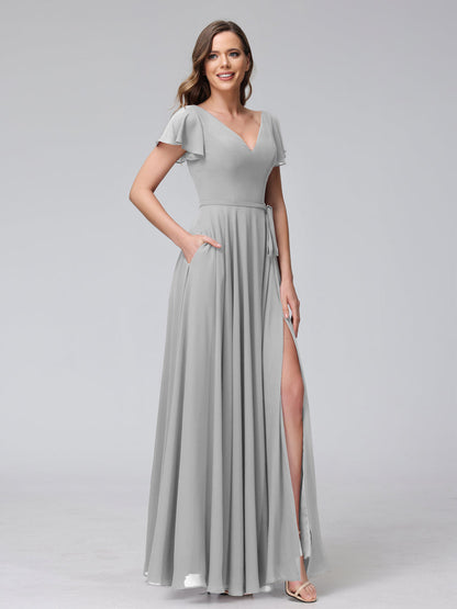 Vestidos Longos de Chiffon com Decote Em V e Mangas Curtas com Babados e Laterais Divididas e Bolsos
