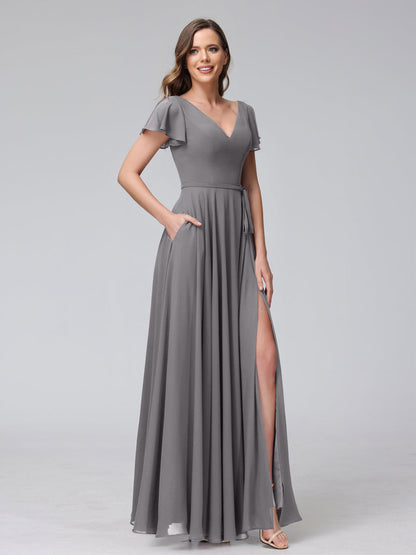 Vestidos Longos de Chiffon com Decote Em V e Mangas Curtas com Babados e Laterais Divididas e Bolsos