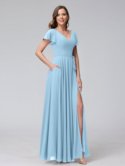 Vestidos Longos de Chiffon com Decote Em V e Mangas Curtas com Babados e Laterais Divididas e Bolsos