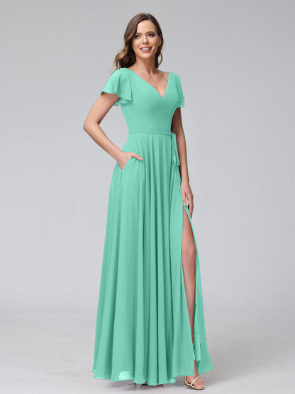 Vestidos Longos de Chiffon com Decote Em V e Mangas Curtas com Babados e Laterais Divididas e Bolsos