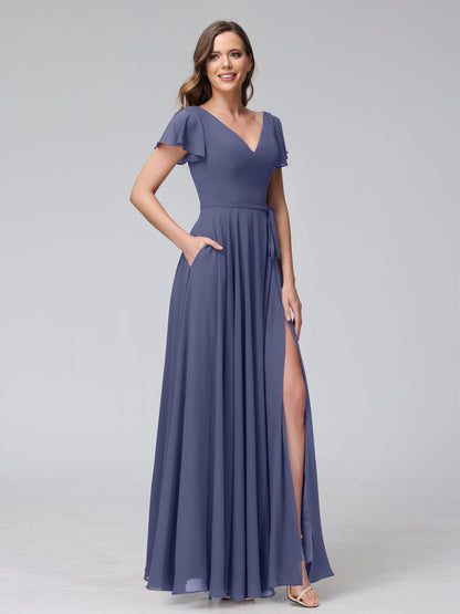 Vestidos Longos de Chiffon com Decote Em V e Mangas Curtas com Babados e Laterais Divididas e Bolsos