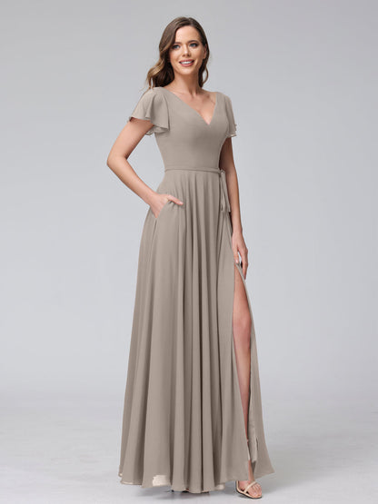 Vestidos Longos de Chiffon com Decote Em V e Mangas Curtas com Babados e Laterais Divididas e Bolsos