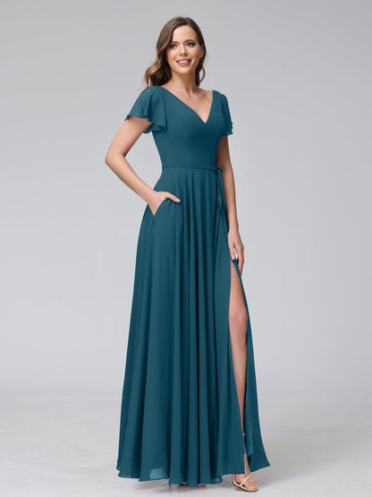 Vestidos Longos de Chiffon com Decote Em V e Mangas Curtas com Babados e Laterais Divididas e Bolsos