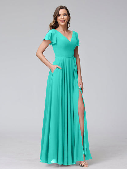 Vestidos Longos de Chiffon com Decote Em V e Mangas Curtas com Babados e Laterais Divididas e Bolsos