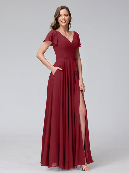 Vestidos Longos de Chiffon com Decote Em V e Mangas Curtas com Babados e Laterais Divididas e Bolsos
