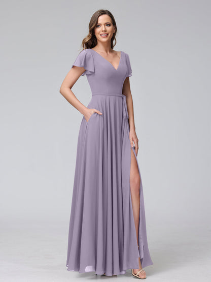 Vestidos Longos de Chiffon com Decote Em V e Mangas Curtas com Babados e Laterais Divididas e Bolsos