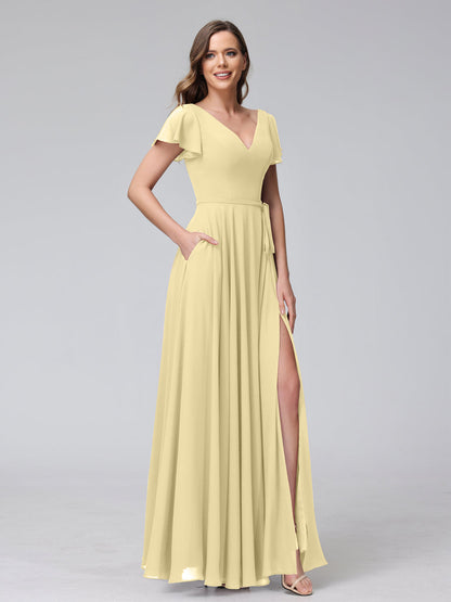 Vestidos Longos de Chiffon com Decote Em V e Mangas Curtas com Babados e Laterais Divididas e Bolsos