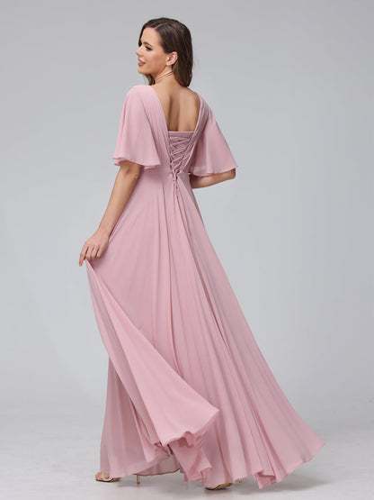 Vestidos de Dama de Honra Longos Em Chiffon com Decote Em V e Meia Manga e Bolsos com Babados