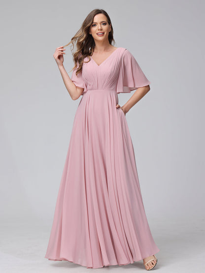 Vestidos de Dama de Honra Longos Em Chiffon com Decote Em V e Meia Manga e Bolsos com Babados