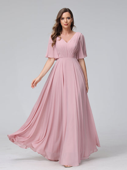 Vestidos de Dama de Honra Longos Em Chiffon com Decote Em V e Meia Manga e Bolsos com Babados