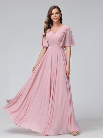 Vestidos de Dama de Honra Longos Em Chiffon com Decote Em V e Meia Manga e Bolsos com Babados