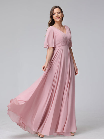 Vestidos de Dama de Honra Longos Em Chiffon com Decote Em V e Meia Manga e Bolsos com Babados