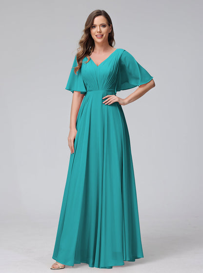 Vestidos de Dama de Honra Longos Em Chiffon com Decote Em V e Meia Manga e Bolsos com Babados