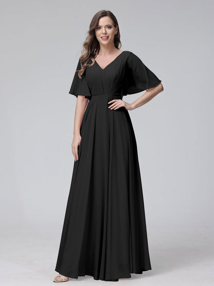 Vestidos de Dama de Honra Longos Em Chiffon com Decote Em V e Meia Manga e Bolsos com Babados