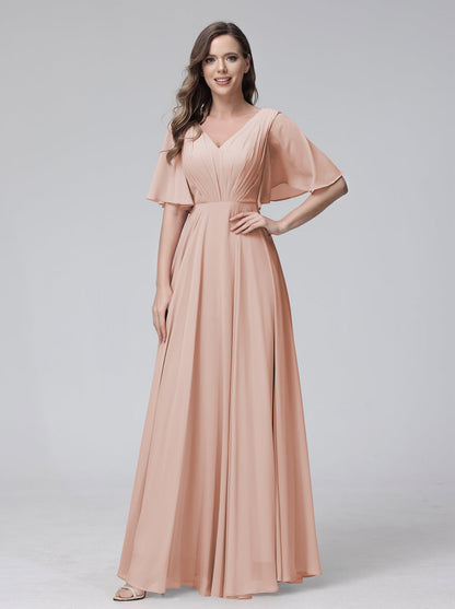 Vestidos de Dama de Honra Longos Em Chiffon com Decote Em V e Meia Manga e Bolsos com Babados