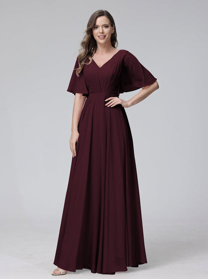 Vestidos de Dama de Honra Longos Em Chiffon com Decote Em V e Meia Manga e Bolsos com Babados
