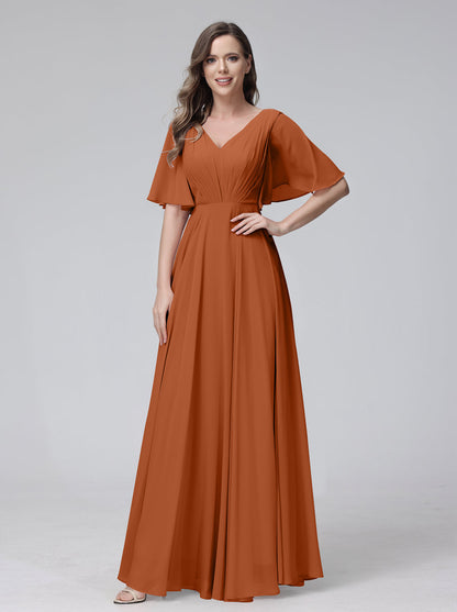 Vestidos de Dama de Honra Longos Em Chiffon com Decote Em V e Meia Manga e Bolsos com Babados