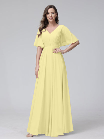 Vestidos de Dama de Honra Longos Em Chiffon com Decote Em V e Meia Manga e Bolsos com Babados