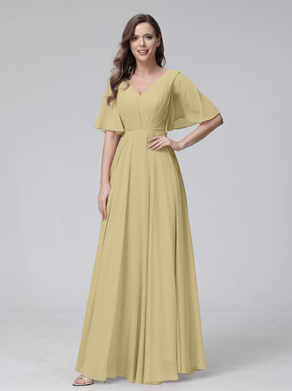 Vestidos de Dama de Honra Longos Em Chiffon com Decote Em V e Meia Manga e Bolsos com Babados
