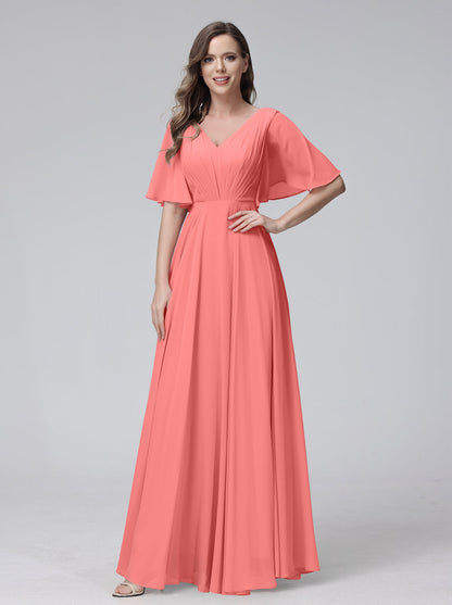 Vestidos de Dama de Honra Longos Em Chiffon com Decote Em V e Meia Manga e Bolsos com Babados