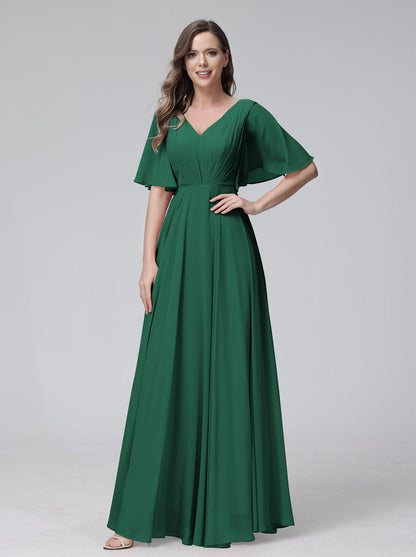 Vestidos de Dama de Honra Longos Em Chiffon com Decote Em V e Meia Manga e Bolsos com Babados