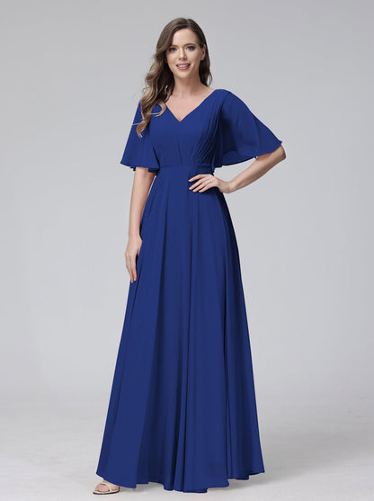 Vestidos de Dama de Honra Longos Em Chiffon com Decote Em V e Meia Manga e Bolsos com Babados