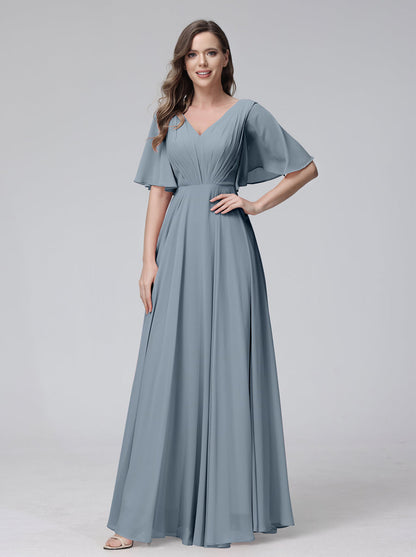 Vestidos de Dama de Honra Longos Em Chiffon com Decote Em V e Meia Manga e Bolsos com Babados