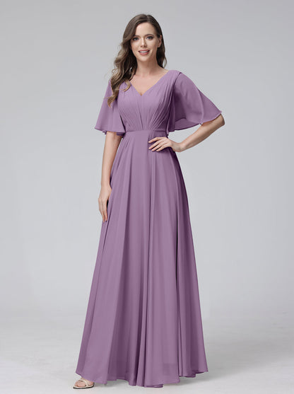 Vestidos de Dama de Honra Longos Em Chiffon com Decote Em V e Meia Manga e Bolsos com Babados