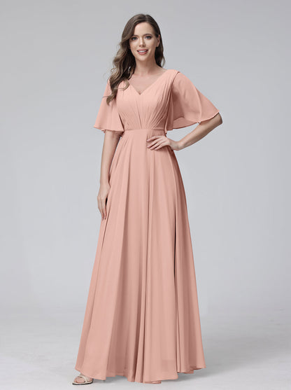 Vestidos de Dama de Honra Longos Em Chiffon com Decote Em V e Meia Manga e Bolsos com Babados
